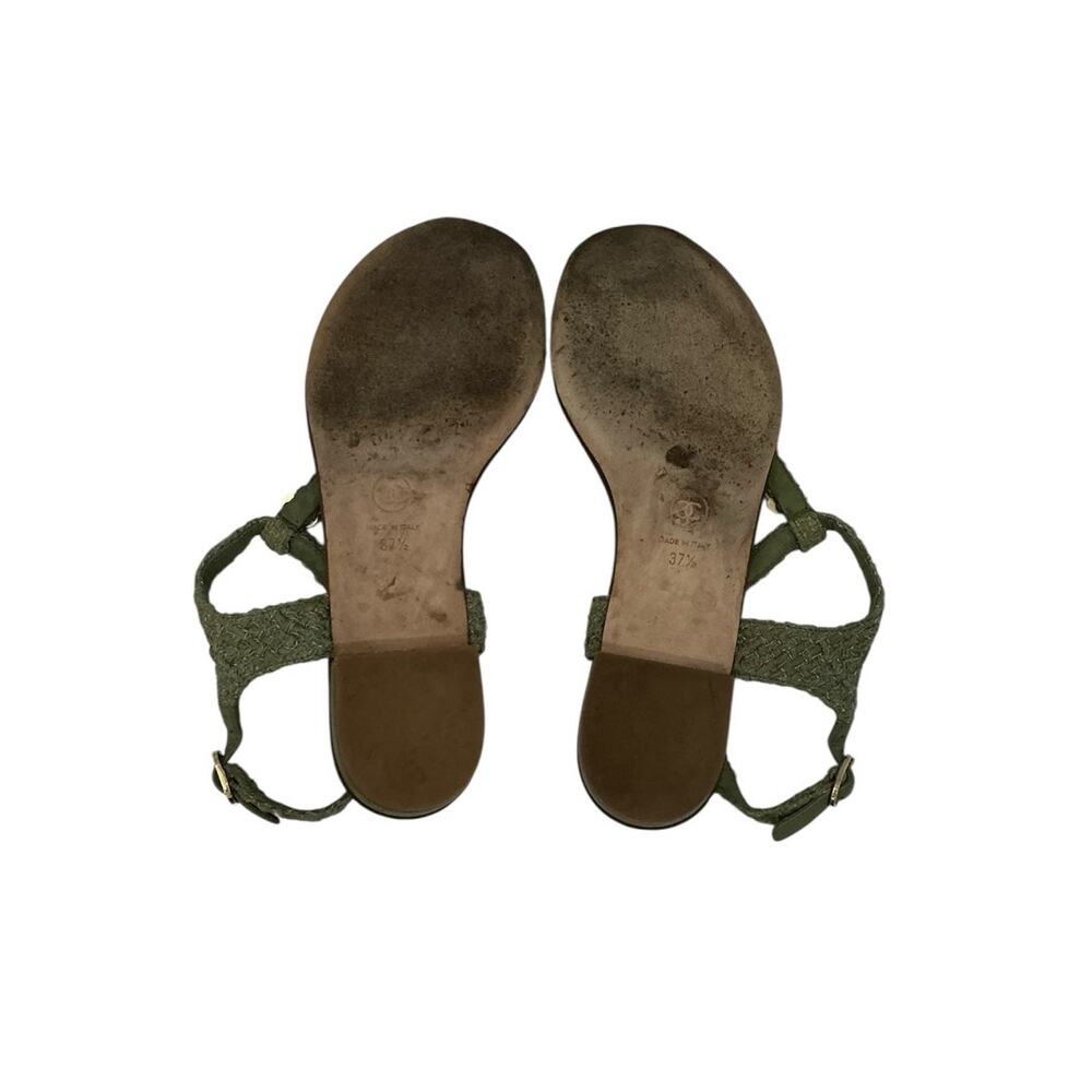 Chanel Tweed Thong Sandals Size 37.5 EU 7.5 US Light Khaki Cruise Charm Rare - Picture 9 of 10